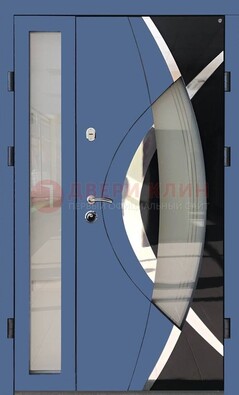 Синяя металлическая дверь со стеклом и узором ДС-13 в Новосибирске