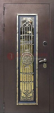 Железная дверь цвета медный антик со стеклом и ковкой ДСК-105 в Новосибирске