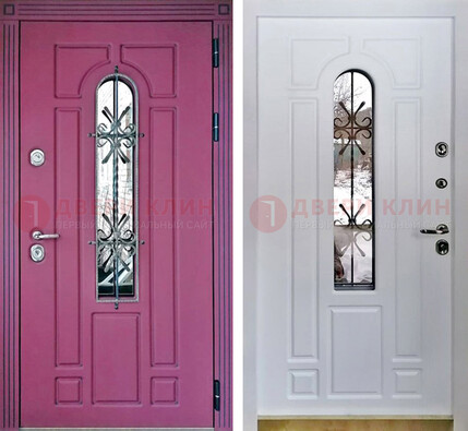 Розовая металлическая дверь со стеклом и ковкой ДСК-151 в Новосибирске