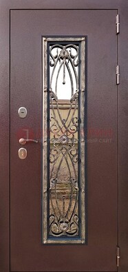 Коричневая стальная дверь порошок со стеклом и ковкой для дома ДСК-169 в Новосибирске