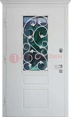 Белая металлическая дверь винорит со стеклом и ковкой ДСК-184 в Новосибирске