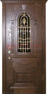 Современная железная дверь со стеклом и ковкой золотой ДСК-23 