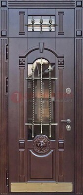 Металлическая дверь массив со стеклом и ковкой с фрамугой ДСК-249 в Новосибирске