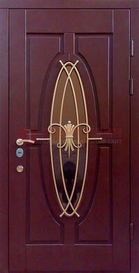 Бордовая стальная дверь Винорит со стеклом и ковкой ДСК-263 в Новосибирске