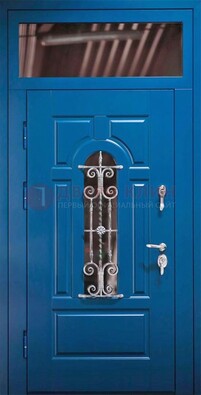 Синяя железная филенчатая дверь со стеклом и ковкой ДСК-97 в Новосибирске