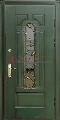 Железная дверь со стеклом и ковкой ДСК-9 для офиса в Новосибирске