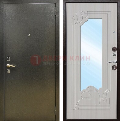 Входная темно-серая дверь c порошковым покрытием и МДФ с резьбой и зеркалом ДЗ-113 в Новосибирске