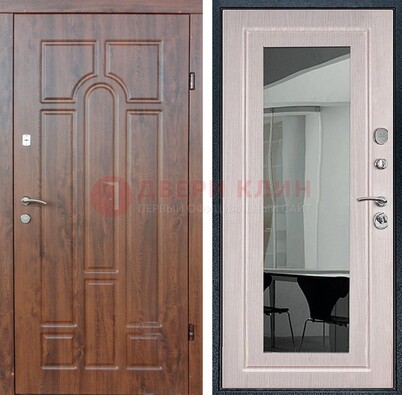 Входная коричневая дверь с МДФ Белый дуб и зеркалом ДЗ-126 в Новосибирске