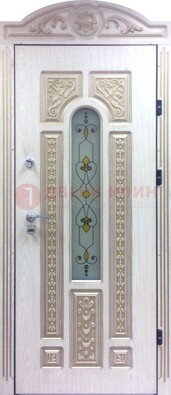 Белая железная дверь с МДФ и витражом ВЖ-26 в Новосибирске