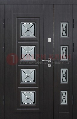 Чёрная двухстворчатая железная дверь с МДФ и витражом ВЖ-35 в Новосибирске