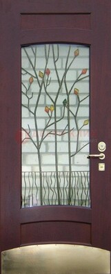 Бордовая стальная дверь с витражом и декоративным элементом ВЖ-3 в Новосибирске